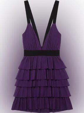 Vintage Bebe Purple Tiered Ruffle Dress with Black Accents